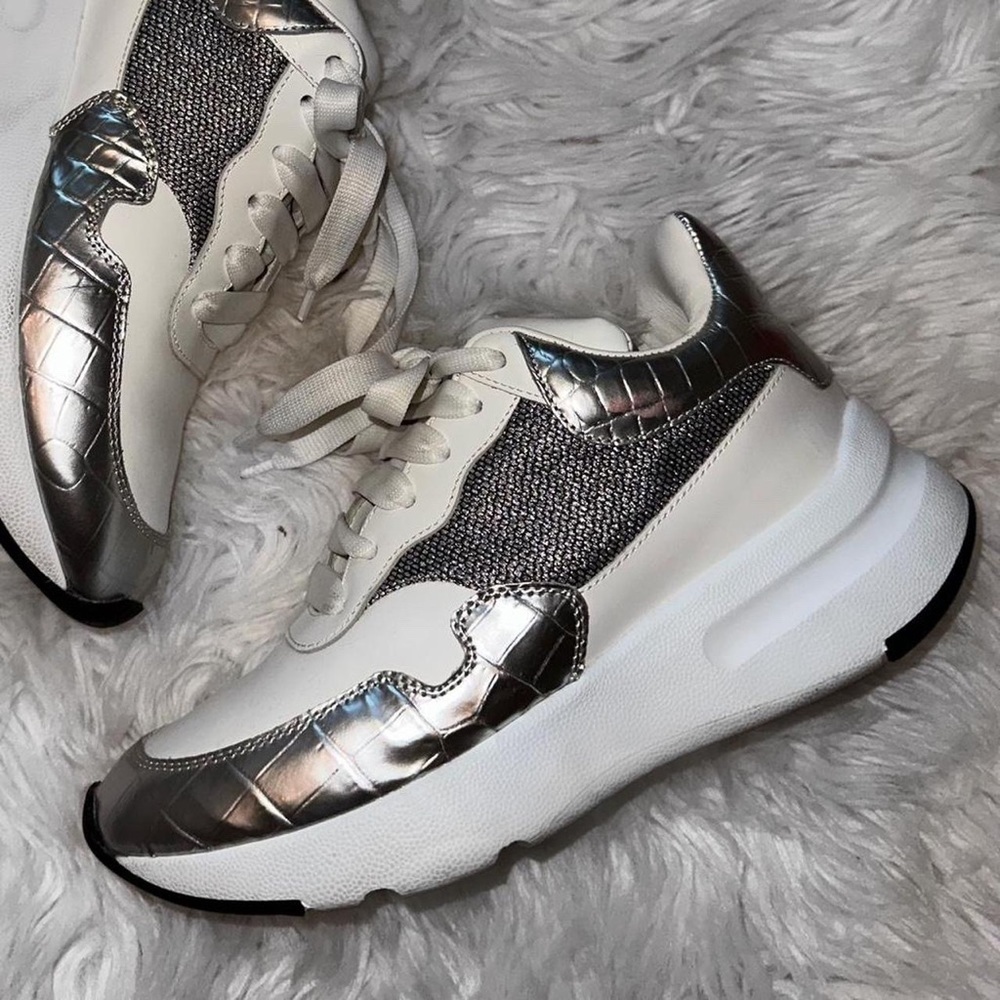Alexander McQueen White Croc Embossed Leather Oversized Low Top Wedge Sneakers